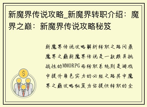 新魔界传说攻略_新魔界转职介绍：魔界之巅：新魔界传说攻略秘笈