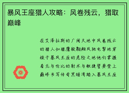 暴风王座猎人攻略：风卷残云，猎取巅峰